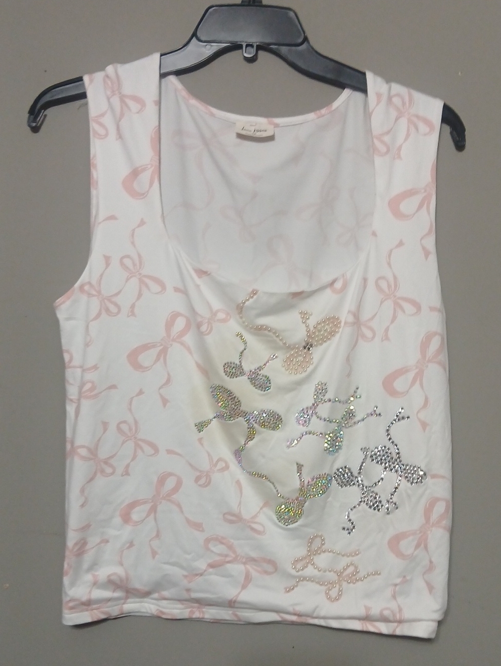 Free Kisses White Tank Top with Light Pink Bow Print and Crystal Accents